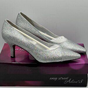 Easy Street Alive@5 Chiffon Silver Glitter Dance Pumps 2.5" Closed Toe Heels 9.5